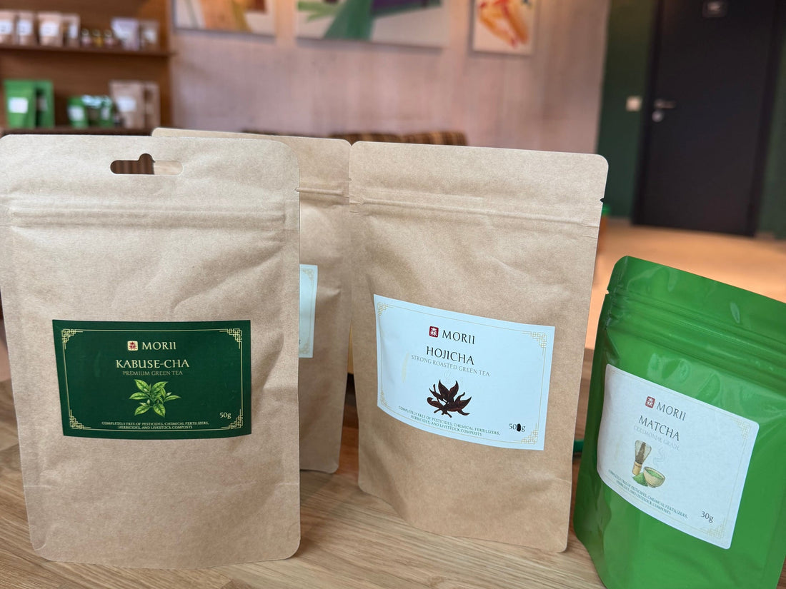 Morii kabusecha, hojicha and ceremonial matcha packs on the counter at Morii Teahouse, Tallinn