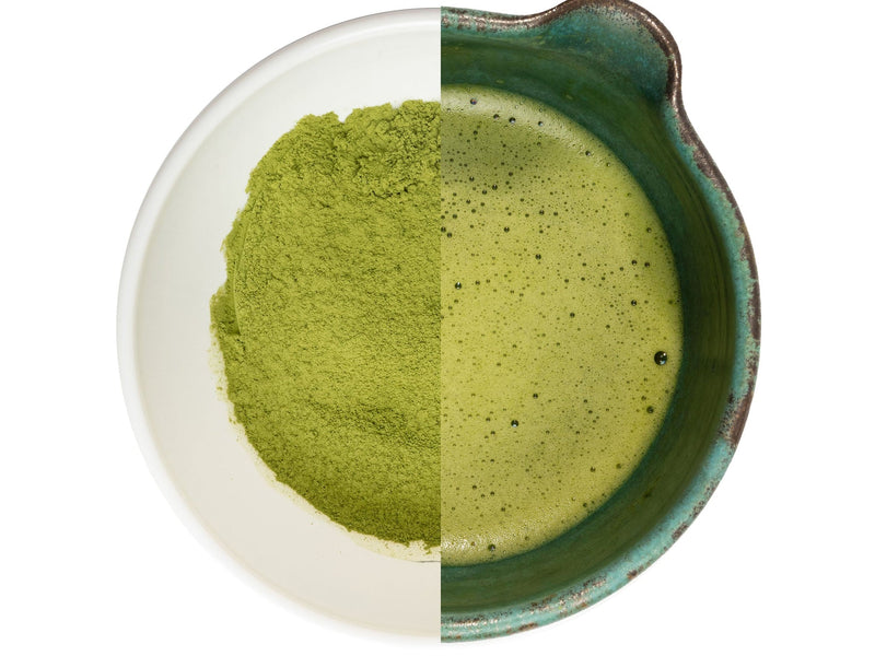 Matcha powder and whisked matcha side by side in a bowl