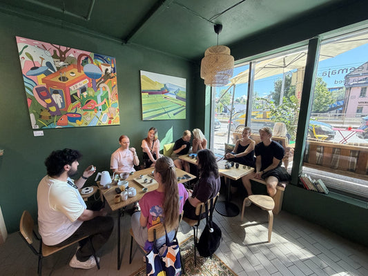 Guests at a matcha tasting inside the Morii tea house on Kopli 16, Tallinn